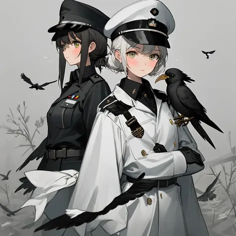 Girls in one knot in black and white
White military uniform and white military cap
Eyes white and black
Birds ears