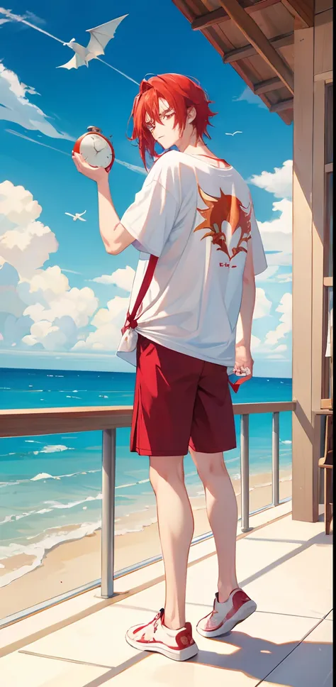 1boy, red and white hair, straight hair, clock, tshirt, full body, clean sky, baby dragon in shoulder