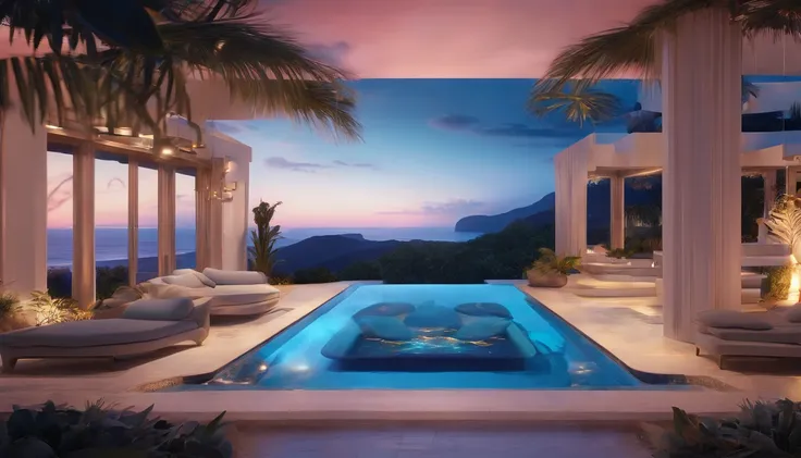 (((Tropical Evening))),((Mansion on a hill)),Mountains and seas in the distance,((The outdoor living room on the hill is a large open veranda)),Moody ocean blue pool,((A strong blue light lit up from the bottom of the pool envelops the area)),(High-quality...