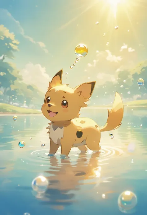 An awe-inspiring ultra-high-definition 3D scene showcasing a Terrier, small dog, Dog cute, staring directly at camera, With a Pokémon making a wish next to a tranquil lake. Rendered beautifully down to the smallest detail, Bubbles are seen blowing gently i...