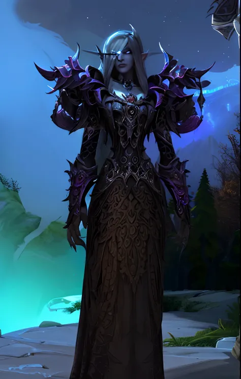 a close up of a night elf woman in a dress with a dragon on her shoulder, female revenant, ornate flowing robes, beautiful necro...