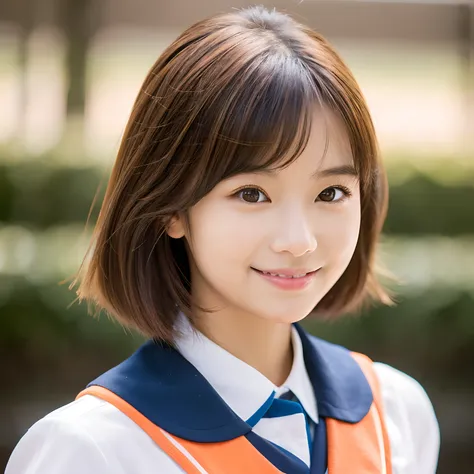 hi-school girl,校服,With short hair, young cute wan asian face,  with round face, Coral Brown Hair, japanes,girl with, Gorgeous young Japan woman, she has long orange brown hair, cute - fine - face, tzuyu from twice, she is facing the camera,gently smiling