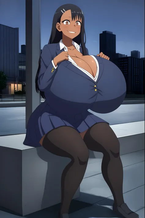 1girl, solo,sitting, cyberpunk cityscape,night city (city), stealth in the city, giant breast, masterpiece, professional artwork, famous artwork, perfect face,perfect eyes,nagatoro hayase, hair ornament, brown eyes,glowing eyes, hairclip,dark skin, black h...