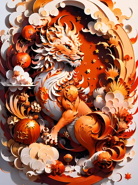 (((masutepiece))),Best Quality, Illustration, ref fire, ocean, lion , fierce lion Chinese Palace, cloud, Star (symbol), paper_cut, (White background:1.1) orange red color combinations