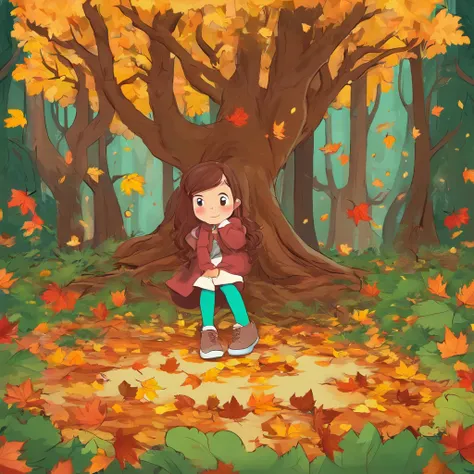 (best quality,4k,8k,alta resolução,masutepiece:1.2),ultra-detalhado, A pile of fallen leaves,cena colorida do outono,Lonely fox,raposa bonito,floresta de outono, menina em um manto feito de folhas de bordo,Esconder menina,tree roots,Dia chuvoso,ambiente se...