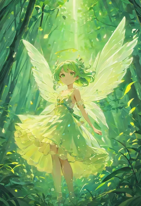 (Masterpiece, Best quality, Ultra-detailed, Best Illustration:1.4), 1 Little Fairy, The wings of the little fairy，(Airflow Maiden:1.1),(See-through:15）afloat,Green wind ，Silk fabric，(refractions,Reflection:1.2) ,  Transparent skin, sunshine day，ln the fore...