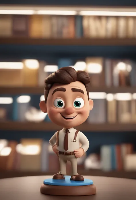 Create an image of a 46-year-old politician, sem o oculos, sorrindo, pouco calvo e gordo. Na imagem o homem deve estar segurando livros. o estilo da imagem deve ser ser pixar- disney 3 d. Caractere estilizado, animation style rendering, 3D estilizado, Arno...