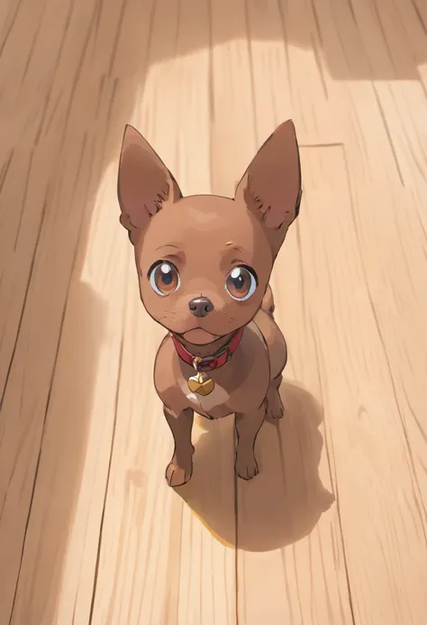 Theres a small dog standing on a wooden floor looking up, breed russian brown toy terrier, small dog, Dog cute, staring directly at camera, Looking towards the camera, looking defiantly at the camera, staring directly at camera, !! looking at the camera!!,...