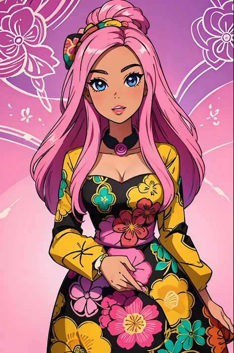 masterpiece, best quality, barbie girl ,barbie woman anime style,cute, wearing african print dress with floral design,african dress,cute,solid color background , style cute