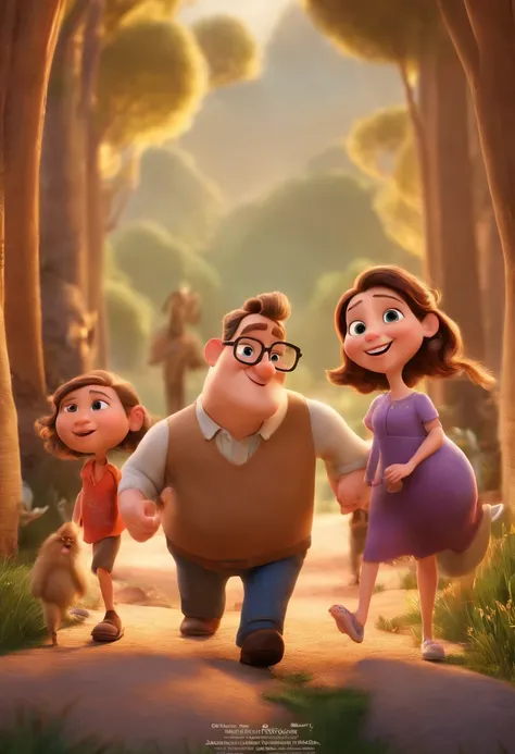 a Disney Pixar movie poster showing a white-skinned family. The father is the tallest, Tem barba cheia,wears glasses is bald,sem cabelos, tem nariz largo e grande. The mother is overweight, tem cabelos ruivos na altura do ombro,olhos castanhos, o menino te...