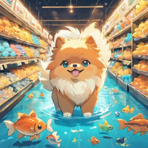 Pomeranian stands in the store with fish swimming everywhere goldfish turquoise color night