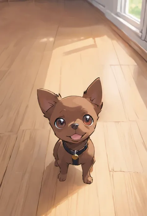 Theres a small dog standing on a wooden floor looking up, breed russian brown toy terrier, small dog, Dog cute, staring directly at camera, Looking towards the camera, looking defiantly at the camera, staring directly at camera, !! looking at the camera!!,...