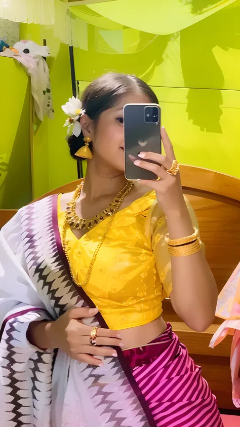 woman in a yellow blouse taking a picture of herself in a mirror, traditional beauty, with yellow cloths, wearing yellow croptop, assamese aesthetic, wearing bihu dress mekhela sador, traditional clothes, candid picture, sukhothai costume, 8k selfie photog...