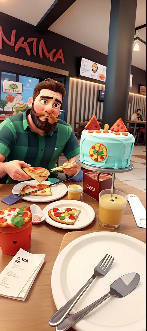 bearded person eating pizza with birthday cake next to in a restaurant