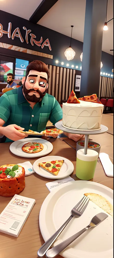 bearded person eating pizza with birthday cake next to in a restaurant