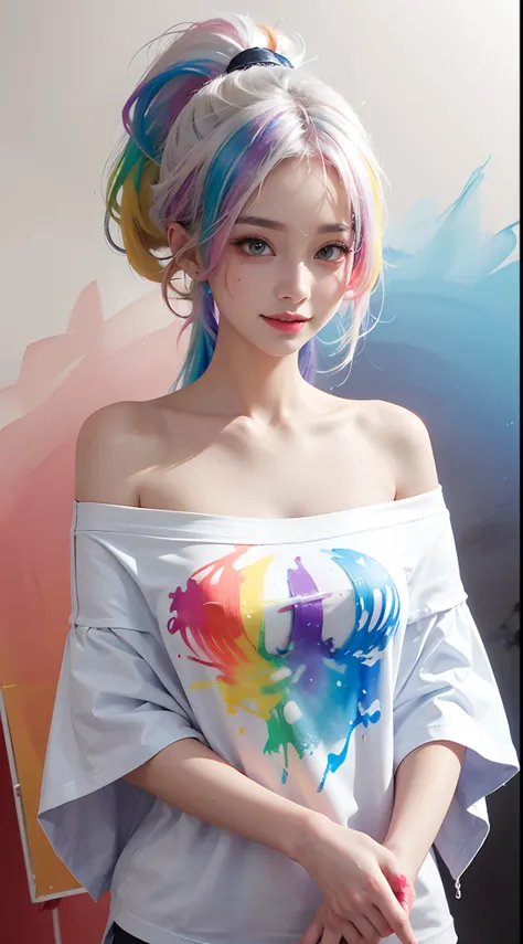 (solid background with very thick acrylic pigment color splash:1.8), large crystal clear eyes, (rainbow colored high ponytail hair:1.6), (exquisite makeup, long eyelashes, small fresh, wipe chest), (white off-shoulder Fashion T-shirt with color splash of a...