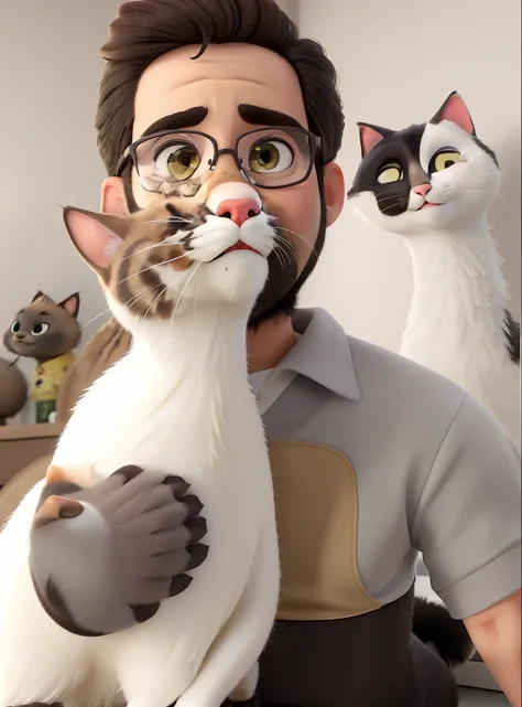 Araffe e gato branco sentado no colo de um homem, segurando um gato, com gato pequeno no colo, foto do gato, beijando juntos fofos, lambendo para fora, Acariciando um gato, Directed by: Nandor Soldier, foto muito precisa, friendly guy and small creature, B...