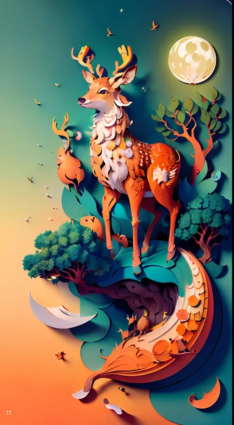 (((((((masterpiece))), better quality, illustrations, beautiful details shine,
paper_cut, details, tree, deer, moon, colorful, cheerful,orange color combinations