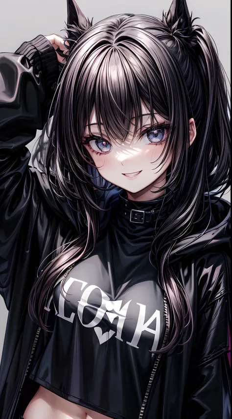 goth girl, (goth makeup:0.7), smile, oversized hoodie, upper body,