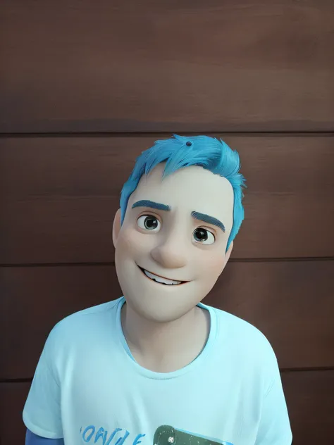 No estilo pixar menino de cabelo azul, sorrindo, camiseta branca, na frente de uma porta de madeira