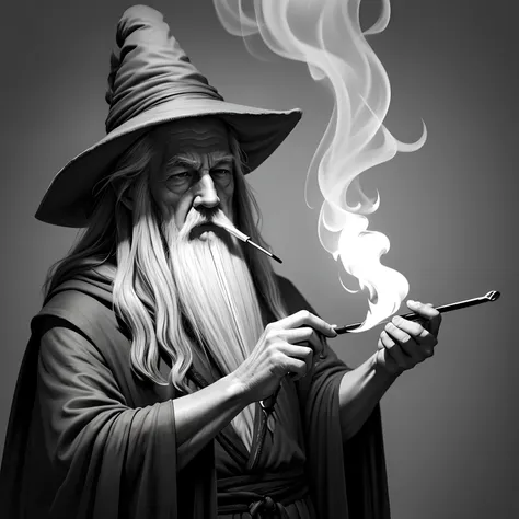 Drawing of Gandalf smoking his pipe, simple, thin line black and white