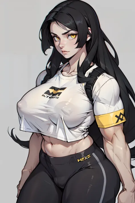 huge breasts pale skin very long hair black hair yellow eyes ((((((1 girl)))))) (((((muscular))))) (tight shirt grey background navel)