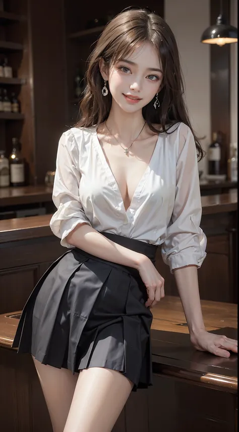 ((cowboy shot)), ((full body)),A young girl, In the bar, Leaning against the bar, Cross ed leg, posing elegantly, ((White color blouse, a black pleated skirt)), Detailed scenes, Long messy hair, Brownish-yellow hair, light make-up, Blushlush, Nice slender ...