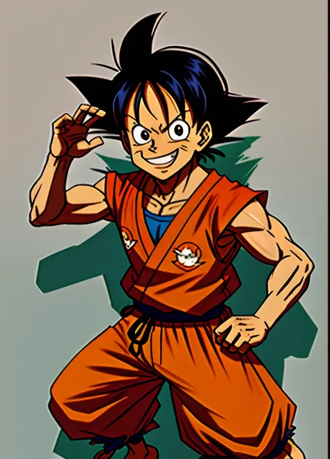 Luffy usando as roupas do Goku e sorrindo.fazendo uma pose de luta