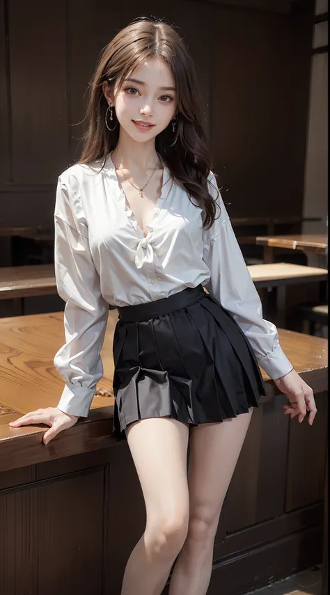 ((cowboy shot)), ((full body)),A young girl, In the bar, Leaning against the bar, Cross ed leg, posing elegantly, ((White color blouse, a black pleated skirt)), Detailed scenes, Long messy hair, Brownish-yellow hair, light make-up, Blushlush, Nice slender ...