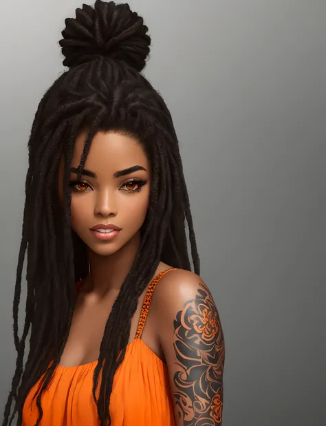 hyper realistic latino black girl with orange long hair with black tattoos in a dress