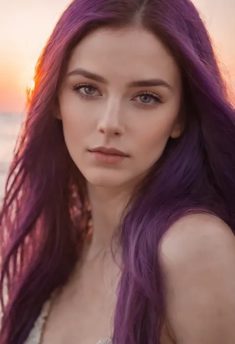 Girl with long purple hair，Purple eye，sandbeach，beachside，the sunset