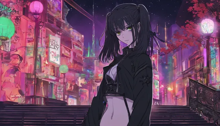 Anime afemined boy , with black hair tied like a ponytail, green eyes, wearing crop tops, black mini skirt, high top sneakers, earrings, erotic pose, night place with neon lights