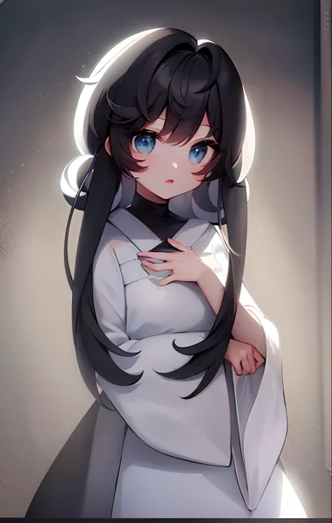 black color hair，white  clothes