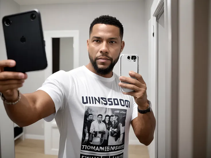 there is a man that is taking a selfie in the mirror, vestido com uma camiseta branca, inspirado em Candido Bido, brincando de camisa rindo, taken in the early 2020s, Jorge Pemba, 3 6 anos, usando faixa presidencial, photo shoot, 3 2 anos, usando correntes...