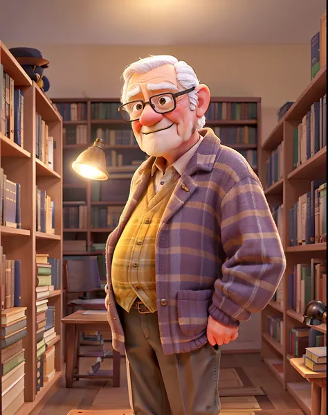 A wise old man standing in front, illuminated by the light of a lamp, against the backdrop of a library