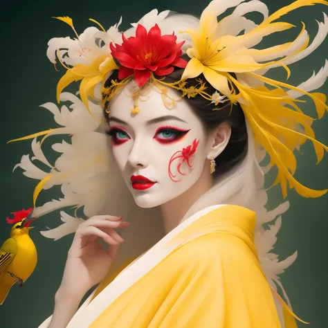 venetian  queen of yellow warbler bird , luminophore woman wearing yellow feather mask , woman in kimono , white ceramic venetian mask , satanic red  lycoris , yellow lily , hurricane flower , neon yellow and white, best quality, high quality, good