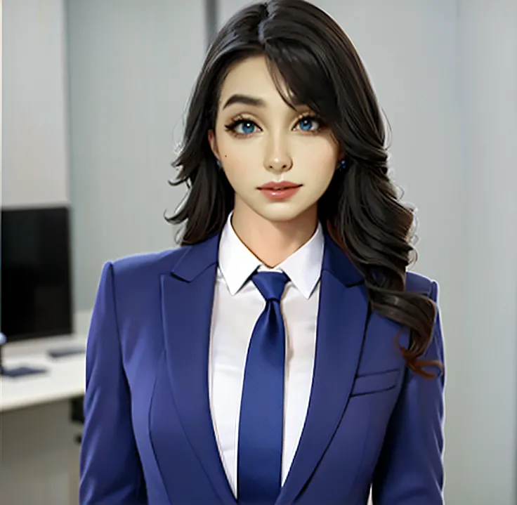 woman in blue suit and tie posing for a picture in an office, girl in suit, girl in a suit, professional cosplay, business woman, wearing business suit, wearing a strict business suit, ana from overwatch, realistic cosplay, suit ， perfect face, wearing a b...