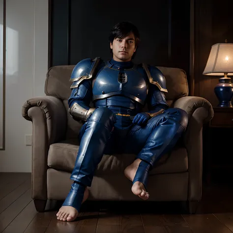 An ultramarine Primaris Warhammer 40000 in energy armor poses in an armchair and exposes his bare feet.