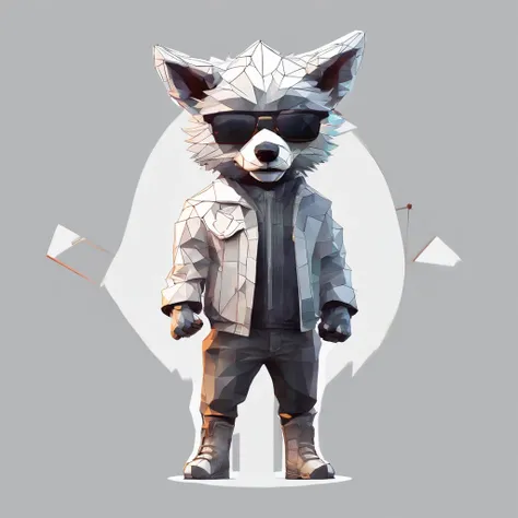 Perfect alignment, Cute little wolf cub in a jacket，Wearing sunglasses, cheerfulness, Standing position, Abstract beauty, Centered, Looking at the camera, Facing the camera, nearing perfection, Dynamic, Highly detailed, smooth, Sharp focus, 8K, high defini...