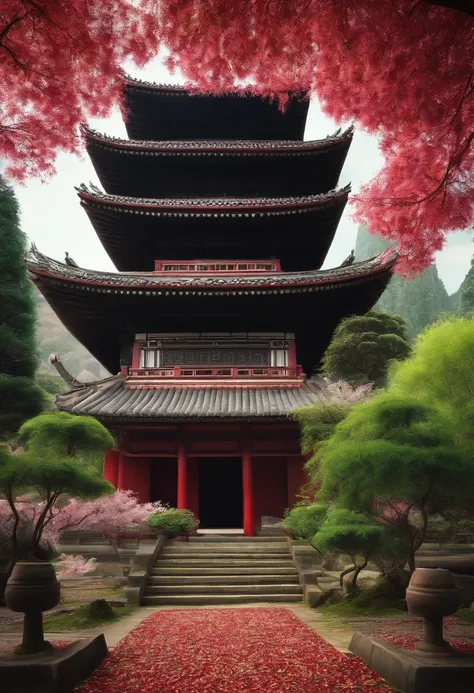 Background with oriental temple with bamboo in the background and cherry trees