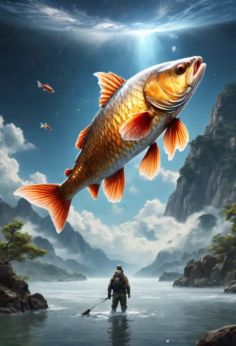 (Best quality, 4K, 8K, A high resolution, Masterpiece:1.2), Ultra-detailed, (Realistic, Photorealistic, photo-realistic:1.37)，A huge carp breaks through the clouds，Carp grow above the stars，Mountains and rivers on Earth are very small，The oversized carp is...