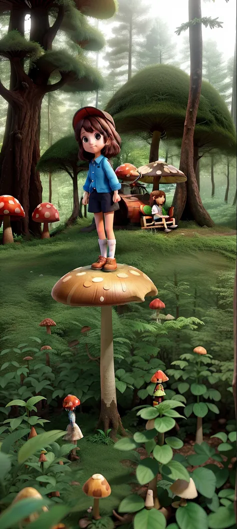 girl in the forest posing for a photo in front of a mushroom with a dry insect on top of the mushroom