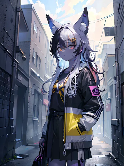 (masterpiece,best quality,ultra-detailed),1girl,(multicolored hair,blue yellow red purple hair),messy hair, black shirt,black jacket,(fox ears),beautiful eyes,(colored skin, grey-blue skin),in a alleyway,(grey theme),(pastel colors theme)