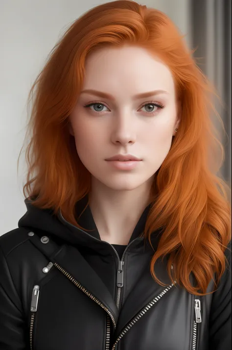 a photo of a seductive woman with loose styled (redhead hair:1.1), bored, she is wearing a hoodie and black leather jacket, mascara, (textured skin, skin pores:1.1), (moles:0.8), imperfect skin, goosebumps, flawless face, (light freckles:0.9), (sun-kissed:...