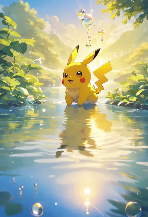 Ultra HD 3D graphics，Showcasing the touching scene of Pikachu making a wish by a tranquil lake. Blue wolf cub, Beautiful rendering details, See gently blowing bubbles into the air, Everyone has hopeful wishes. Bubbles capture the reflection of the setting ...