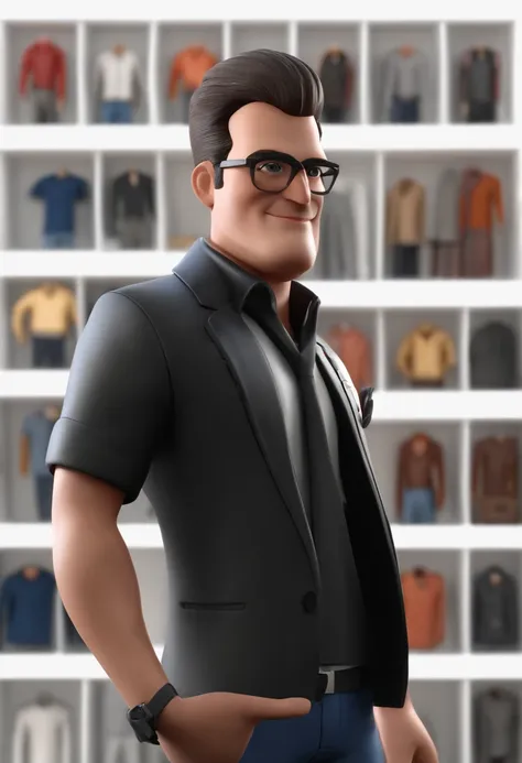 Cartoon character of a man in black jacket, uma camisa branca, gravata preta, cabelos claros,olhos castanhos ,animation character, Caractere estilizado, animation style rendering, 3D estilizado, Arnold Maya render, 3 d render stylized, toon render keyshot,...