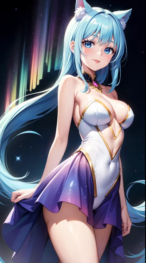 Super Idol　a beauty girl　Outstanding smile　sky blue hair　length hair　Facing straight ahead　Looking at the camera　Twin-tailed　Glittering pink and white、Blue and yellow leotard costume　Mystical　Fantasia　constellation　a moon　Crystal Brilliance　Aurora Borealis...