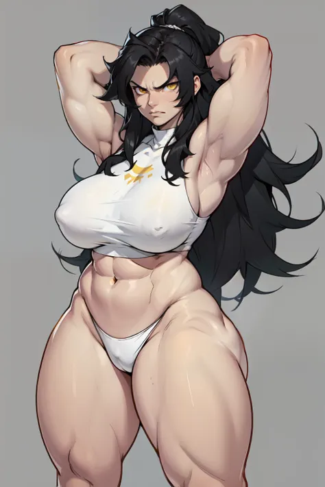 muscular huge breasts wide hips thick thighs armpits grey background black hair very long hair yellow eyes pale skin angry