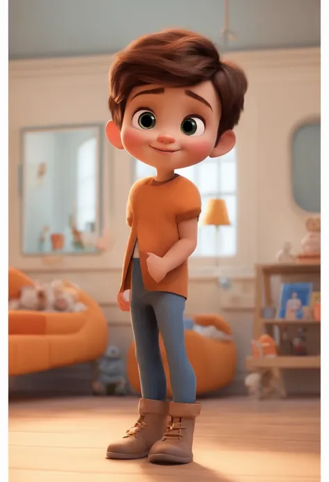 a happy cute kid standing short hair, vestindo uma fantasia espacial, , fundo branco, barnet, Tom, Estilo Pixar, ....3d, desenhos animados, rosto detalhado, asymmetrical 16k