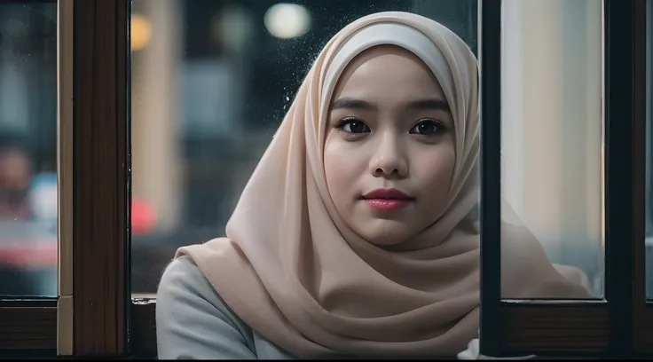 Craft a cinematic film still of a Malay girl in hijab sitting by a cozy cafe window, gazing outside at the rainy city streets. Use soft, diffused lighting to enhance the mood of reflection and contemplation,  style raw, pastel color grading, Super 8mm lens...